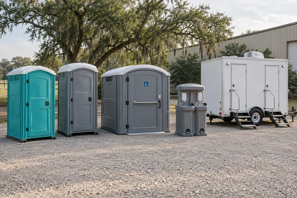 Standard, deluxe and accessible portable toilets, handwashing station and restroom trailer